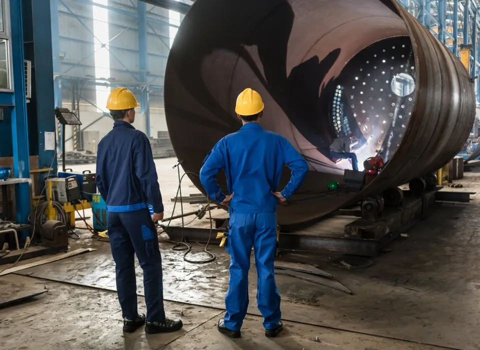 a worker using an arc welding tool in the unfinished big iron hollow-out cylinder under two men's supervision